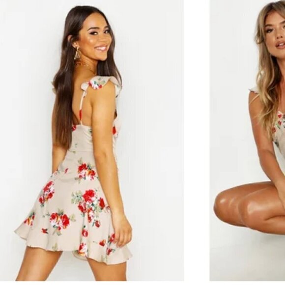 Nwt- Boohoo-Floral Sweetheart Ruffle Hem Shift Dress - Picture 1 of 15